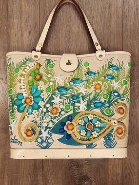 Vintage Enid Collins Sea Garden Beaded Purse Handbag Palm Royale 60s Botanical